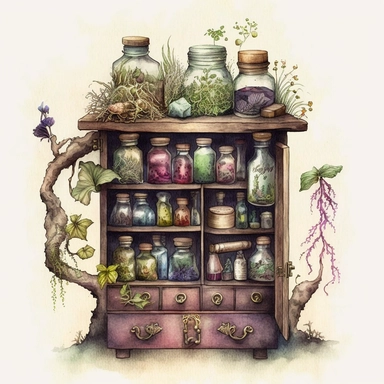 Watercolour Witches Apothecary Cabinet, dark fantasy, woodland, highly detailed, mystical, drawers, Clipart