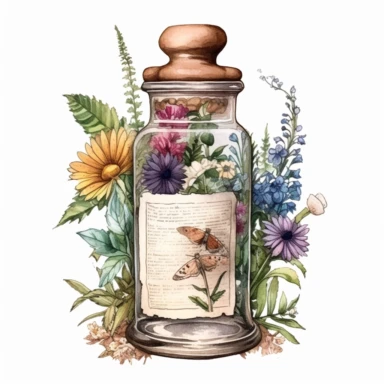 watercolor, hyper realistic, white background, white margins, 16k, ultra detailed clipart, cut out image, hand-drawn a vintage medicine bottle with a label and a cork stopper, surrounded by herbs and flowers