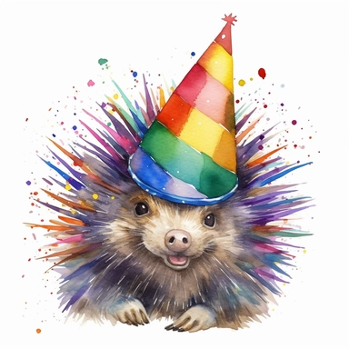 please create watercolor clipart of a porcupine smiling, wearing party HAT AND GLASSES, colorful, WHITE BACKGROUND
