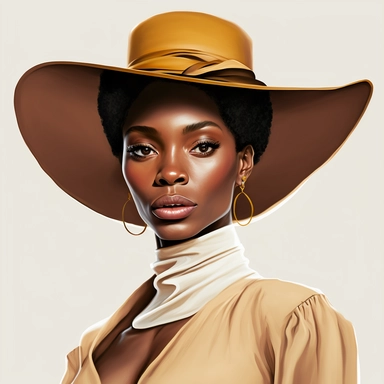 Full portrait,Beautifal happy black woman wearing a camel hat Fashion illustration clipart