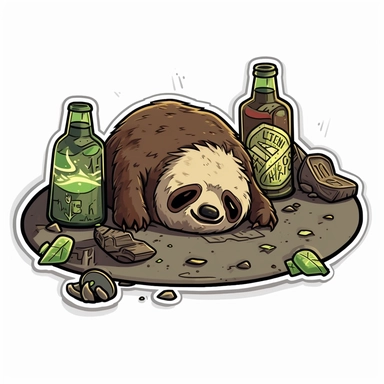 morale patch showing a drunk sloth lying in the evening streets covered in dirt and slime. Some bottles of beer. Broken glass. Clipart
