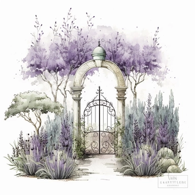 Watercolor lavender garden entrance Clipart, white background, no text