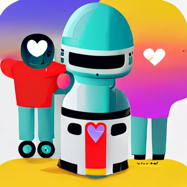 a virtual world full of heartfelt robots that encourage each other, play games with each other, create beautiful clipart together in a pop art style