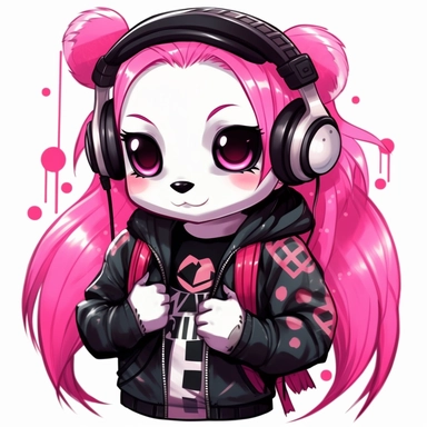 a cute clipart of a panda girl waring headphones and a backpack, white background, black white and pink, in the style of mcdonaldpunk, meme art, comic art, nightcore, cargopunk, wimmelbilder, uhd image, cybergoth, dark white and pink, punk quilts, cryptidcor