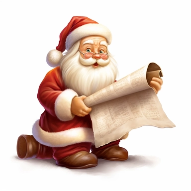 clipart with white background, a cute santa claus reading a long scroll, clearly defined separate image, high quality--ar3:4-no mockups, watermarks, numbers, writing, letters--q2--v5.1--s1000