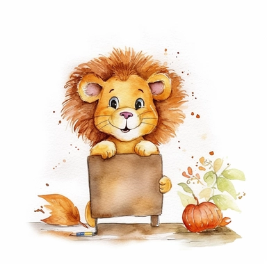 a friendly watercolor cute little lion. It´s mane neatly brushed and he is sitting in a classroom. He is holding a white sign in front of his body with his hands. the lion is very happy and has a very wide smile. without a backround so it can be used as a clipart in many diffrent designs