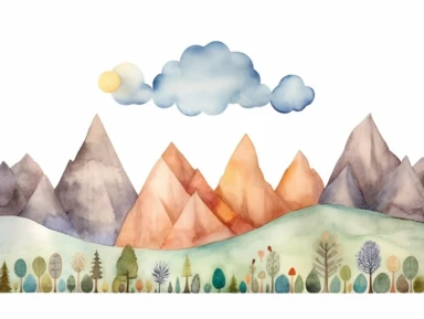 Simple mountain range with Whimsical rolling hills and mountains for a children's book, watercolor, clipart, white background