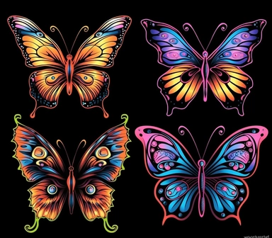 6 tattoo art style blue butterflies, black defined lines, high details, clipart, hd, isolated on black background, spaced out, vibrant rainbow colors
