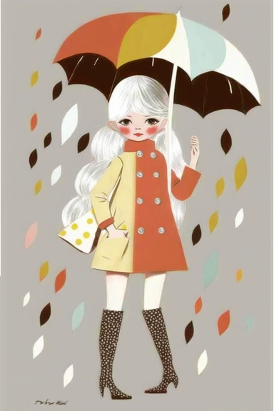 <https://s.mj.run/49ZvoIFW24o> <https://s.mj.run/VafKh_OyowI> Mary Blair style, minimalistic nordic style single clipart, baby 70s hippie fashion model with umbrella, minimalistic pastel color palette,