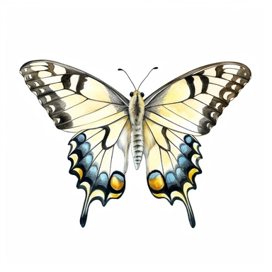 Pale Swallowtail Butterfly, clipart, pale yellow and black, watercolor style, solid white background