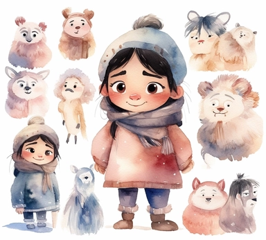 cute adorable little Eskimo princess character watercolor clipart, full body, disney, pixar