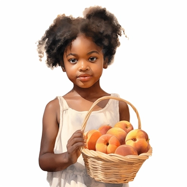 hyperrealism clipart , little black girl holding a basket of peaches , white background, watercolor style, farmhouse chic, tempera clipart