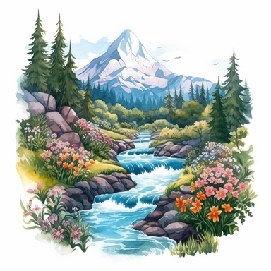professional gouache hand-painted illustration of Mountain River in the middle surround by trees, flowers, plants, spring, focus on the mountain, Landscape clipart, hiking, nature, camping, white background, natural form, very detailed, deep colour, 8k