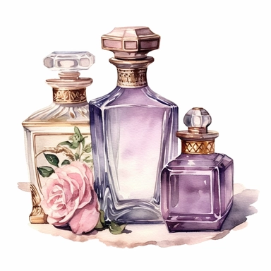 watercolor, hyper realistic, white background, white margins, 16k, ultra detailed clipart, cut out image, hand-drawn, vintage perfume bottle, a mirror, a brush, beauty cosmetics. Use soft and muted colors such as dusty rose, antique gold, lavender, and sage green for a vintage-inspired palette