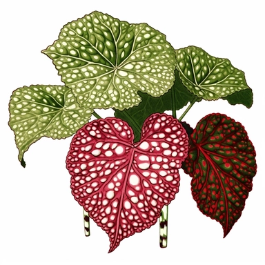 Clipart, Polka Dot Begonia's, Plantae, Tracheophytes Raddi, is a tropical plant native to southeast Brazil. It has green oblong leaves in shaped of angel wing, in a vibrant olive green color, deep red purple undersides of leaves and polka dot finishes on top. It has silver spots on its surface and a crimson reddish underside