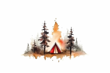 watercolor campsite clipart, pine trees, red pitch tent, hd, on white background