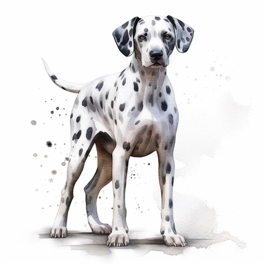 dalmation dog watercolour paintingstanding realistic yet stylized, digitally enhanced, clipart, 32k uhd, detailed crosshatching white background