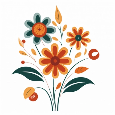 1970s retro vintage simple flower clipart, vector, white background
