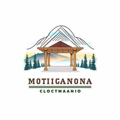 a Round Logo vectors, icons, clipart graphics, and backgrounds, logo design for a construction company called Montana Outdoor Living Creations, white background, luxury pergola, iconic mountain pergola, pergola over the shoulder view, large mountain ridge, blue sky, green foliage, river, sunset, 4 corner black border