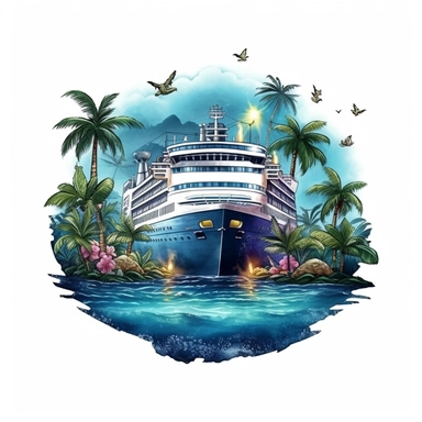 fantasy cruise ship in the moonlight, paradise island digital clipart on white background