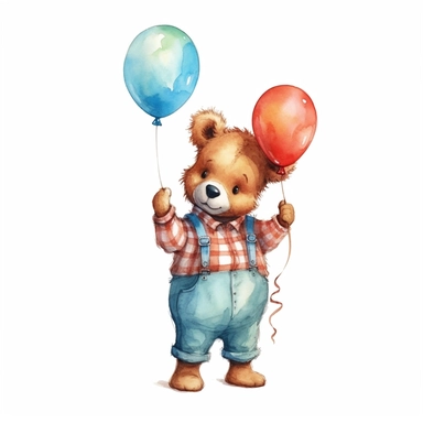 draw charming watercolor illustrations of a teddy bear wearing a shirt, the same character in different situations with one big baloonn watercolor, single object, watercolor illustration, cartoon clipart, white background for removing background