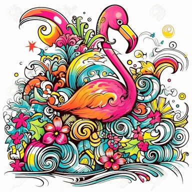 whacky vignette, vector retro summer clipart, bright colors, happy feeling, white background, smiley, flamingo, palm tree, wave, flower, thick black contour lines , cartooney, in the style of ed roth