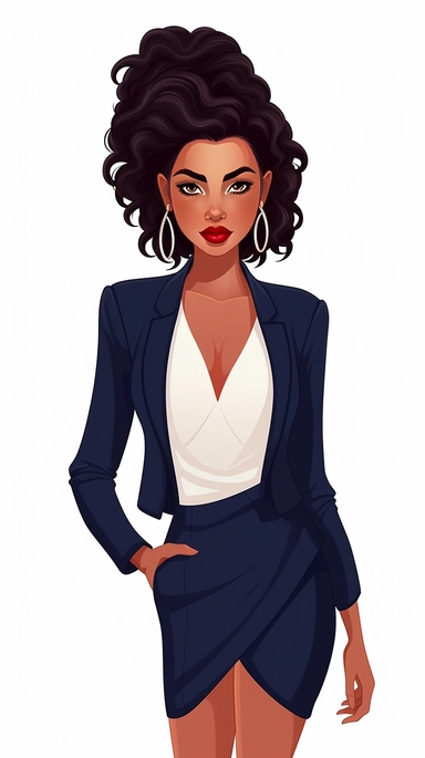 full-body perspective 2d lined clipart of a pretty woman wearing a navy skirt suit and matching shoes, business-like attire, white background,