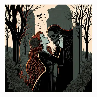 svg, clipart, death tongue kissing a beautiful women in a black dress, at a cementary