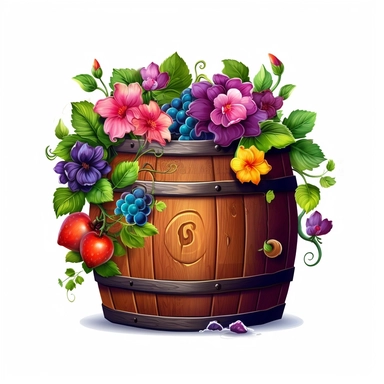 colorful wooden barrel with flower vine clipart, high detail, illustration style, high solution, on the white background