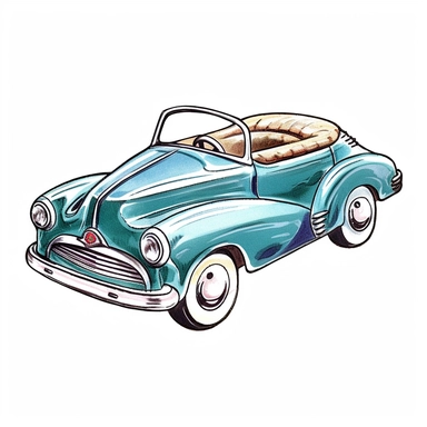 v Vintage Hand painted clipart of a Metal toy car in the style of vintage nursery kitsch Lefton, retro midcentury 1950’s, white background, contour