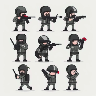 10 stickman soldiers shooting in different poses stickers collection, clipart design, cartoon, 4k, white background, photo realism