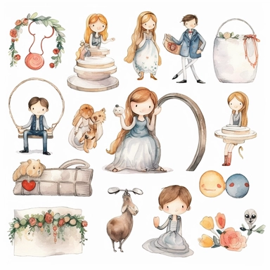 Wedding rings tied with a ribbon, cute wedding illustrations clipart set, ILLUSTRATIONS FOR THE BOOK, cartoon elements, different variants, girl with long hair in a wedding veil, wedding, husband and wife Love, Hearts balloons, veil, garland, wooden elements, sit on a bench, on the car, white transparent background separate elements with a margin Watercolor