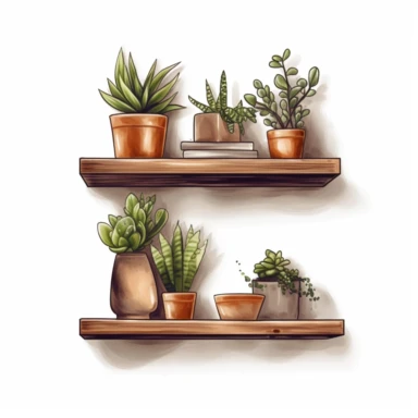 wood brown Plant Shelf Clipart in the style of oil painting, clean lines on a white background