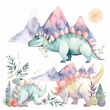 friendly, fluffy watercolor dinosaurs clipart, pastel colors, in the mountains, forest, separated, seamless, transparent background--AR 3:2