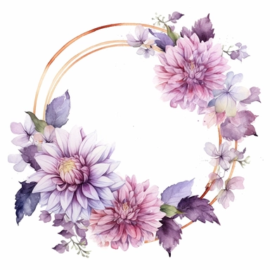 a circle floral frames made with Soft Purple and Pastel Purple Dahlia flowers, wet on dry watercolour style, antique look, clipart, white background
