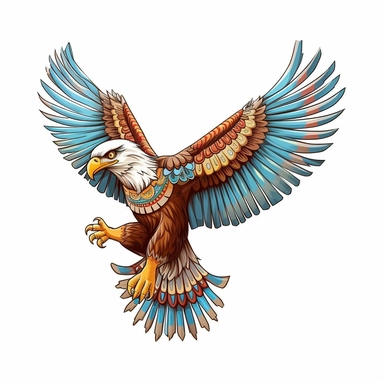 Cute Beautiful Native American Eagle Flying Sublimation Clipart, Cartoon, hyper realistic, intricate detail, illustration style, high solution, on the white background