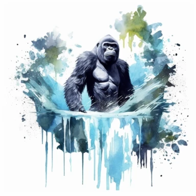 realistic watercolor gorilla meditate under the waterfall with fish jumping out of the water on solid white background, clipart