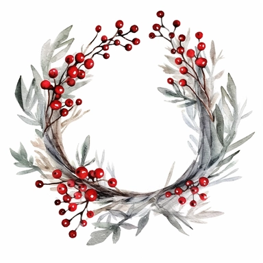 basic watercolor christmas wreath in minimal hand drawn style, Etsy, textured, clipart, white background