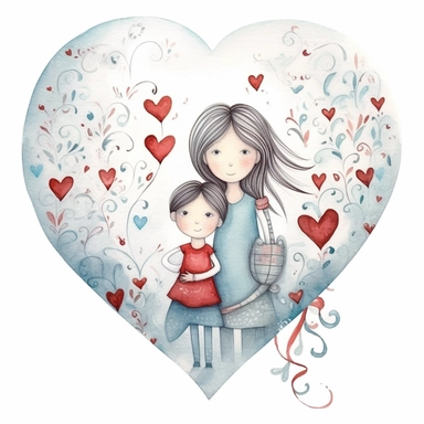 clipart, white background, Mother's Day, heart, boy and girl, etsy png, decor art, printable art, stickers, illustrations, arts Whimsical Illustration