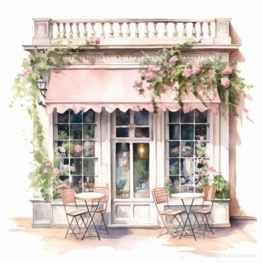 A charming little café with a pastel-toned façade, ornate window detailing, and delicate roses spilling from window boxes. A lone bistro table offers a quaint spot for a morning coffee. Watercolor Cafe Storefront Clipart, hyper-realistic, hyper-detailed, white background