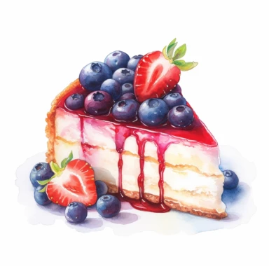 This highly detailed watercolor clipart presents a tantalizing cheesecake adorned with a vibrant medley of strawberries and blueberries on a pristine white background. The artwork captures the essence of this delectable dessert with remarkable precision. The cheesecake itself is depicted with intricate brushstrokes, showcasing its creamy texture and delectable layers. Plump strawberries and juicy blueberries are meticulously painted, capturing their vibrant colors and enticing appeal. The combin