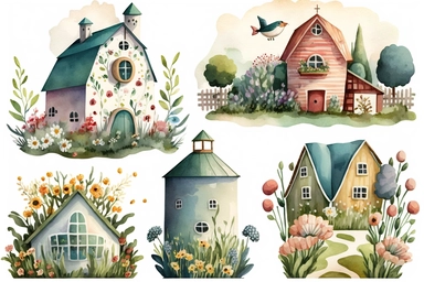 Cute and whimsical farm houses, colorful, Watercolored illustration in the style of Michael Powell, clipart, white background