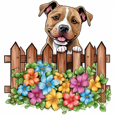 pitbull on a fence some flowers clipart ~~ar 9:8