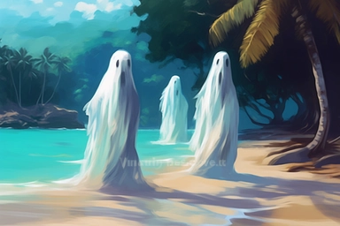 realistic clipart ghosts on the tropical beach, digital painting