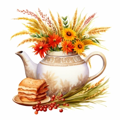 A teapot , add wheats and little flowers use warm colors such as yellow, orange, green, red, cottage core, high quality, watercolor art and clear lines, bright colors, clipart