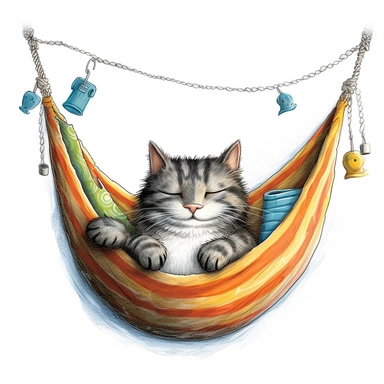 Axel scheffler illustration style cat in a hammock, high definition, 16k, insanely detailed, fine detail, sharp focus, illustration, white background, isolated clipart vector