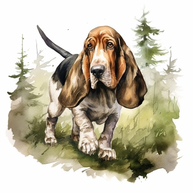 close up high detailed, Hand drawn watercolor clipart of a cute Bassett Hound hunting in a forest, on a white background