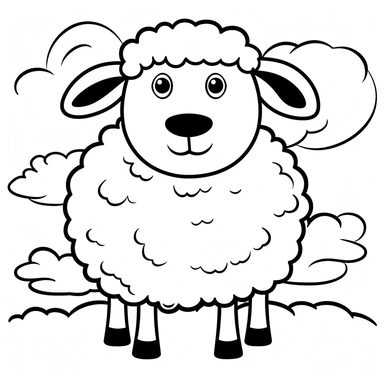 Draw a simple outline of a sweet and gentle sheep, providing us with wool for our clothes. The background should be a grassy field with a few fluffy clouds in the sky. Simple outlines, bold lines, black ink on white background, clipart, toon, cartoon. Make sure to leave some space for children to color. Black and white, black ink on white background. Image with no shades and no frames. Black and white. black ink on white backgound