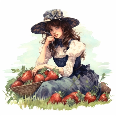 Front illumination of ultra realistic watercolor of full body of an insanely beautiful victorian era happy farm girl, sitting on the field with some strawberries next to her, strawberry themed highly detailed and realistic, insane quality, mystic, wiccan, art nouveau art style, clipart witchcore dreamcore cottagecore white background no text, isolated on white, ghibli style, watercolor illustration, award winning