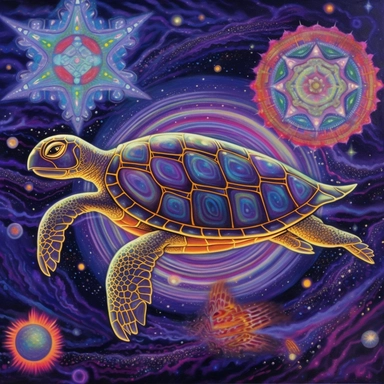 A oil painting of a turtle clipart with a surreal and fantastical design, floating in a starry sky with planets and comets. The turtle has a large body, a long neck, four wings, and a spiral tail. only four legs. Its shell is covered with intricate patterns and symbols in glowing colors. The background is a dark purple sky, creating a contrast with the turtle’s luminous appearance. The painting has a magical and mysterious style, with an imaginative use of elements and colors. The perspective is